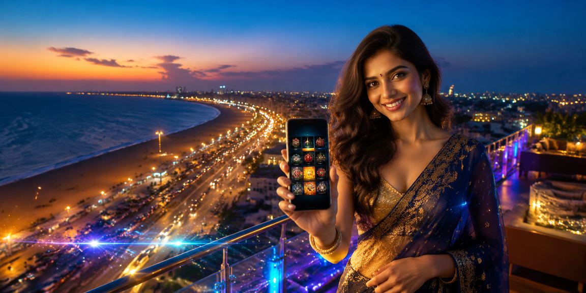 Player using mobile device to access lottery and casino games at the beach in Chennai