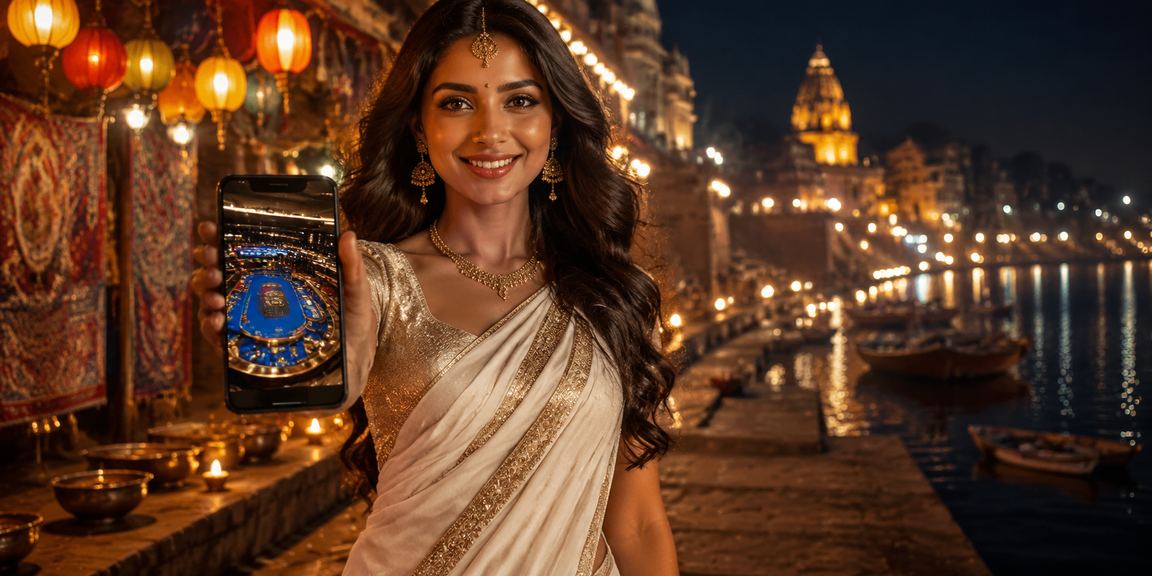 Player using mobile casino at Varanasi ghat